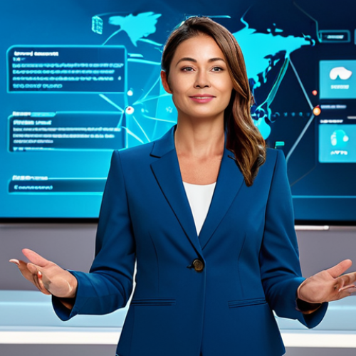 Home 6 A dynamic female professional Live Commerce presenter, standing in a modern, high-tech virtual studio. She wears a modest, stylish business suit and gestures confidently towards an interactive screen displaying live chat comments and product information. The background features abstract, futuristic glowing lines, symbolizing real-time connectivity and audience engagement. The atmosphere is vibrant and inviting. fully clothed, appropriate attire, professional dress, perfect anatomy, correct proportions, natural pose, well-formed hands, proper finger count, natural body proportions, safe for work, appropriate content, family-friendly.