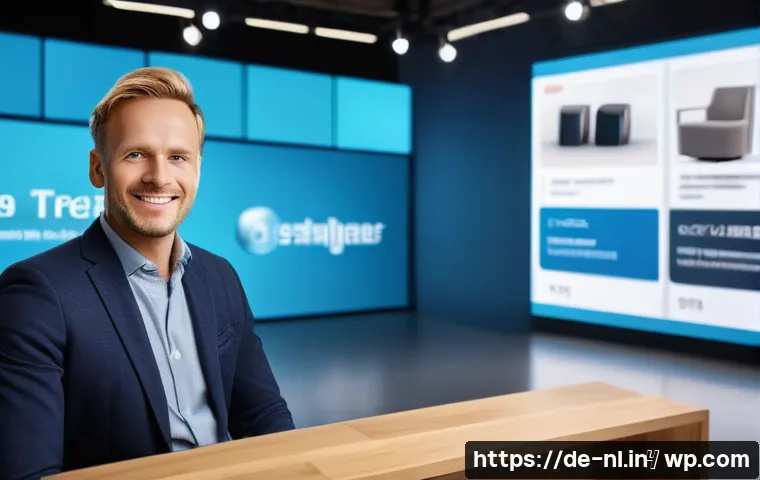 라이브 커머스 방송 후 데이터 분석하기 - A professional live-commerce streaming scene set in a modern German studio with a charismatic host p...