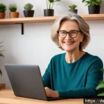 고객 신뢰를 구축하는 라이브 방송 기법 - A cozy, modern home office livestream setup featuring a friendly middle-aged German woman with natur...