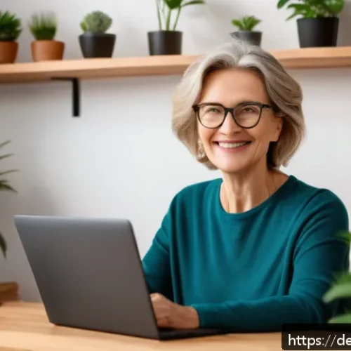 고객 신뢰를 구축하는 라이브 방송 기법 - A cozy, modern home office livestream setup featuring a friendly middle-aged German woman with natur...