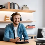 고객과 소통하는 라이브 방송 기법 - A cozy and professional live streaming setup in a modern German-style home office: a young adult str...